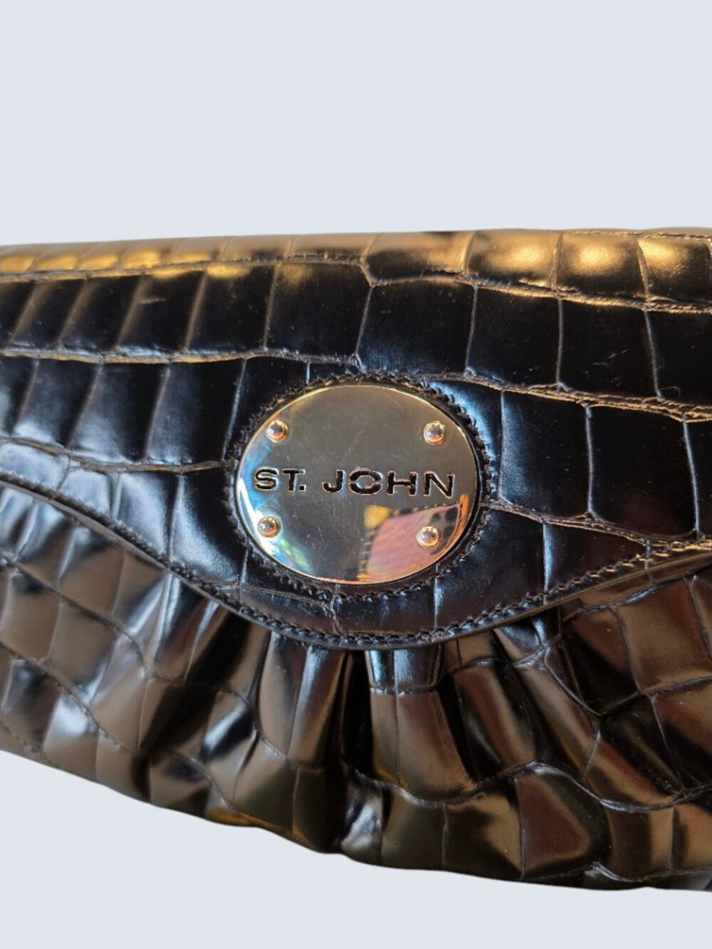 Black Crocodile Embossed East West Long bag, Shoulder, or Clutch Bag By St. John - Picture 2 of 7